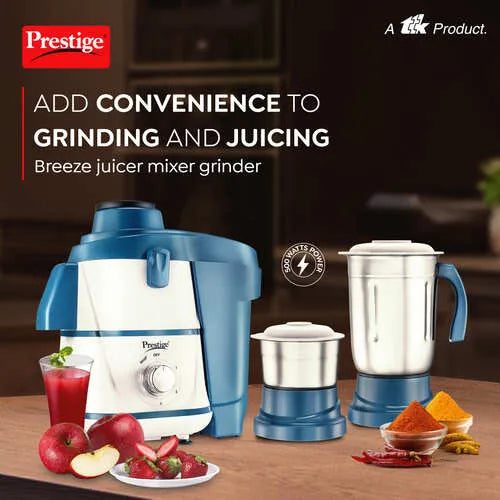 Prestige Breeze 500W Juicer Mixer Grinder with 2 Stainless Steel Jars|Detachable Pulp Collector|Double Lock System|Efficient Stainless Steel Sieve|Juice Outlet|Blue & White