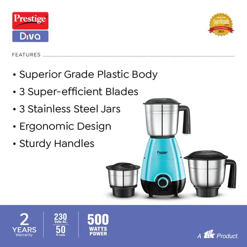 Prestige 500 Watts Diva Mixer Grinder with 3 Stainless Steel Jars| Ergonomic Design| Sturdy Handles| Teal Blue & Black
