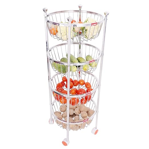 4 Layer Stainless Steel Fruit & Vegetable Kitchen Trolley 4 Layer Kitchen Basket | Fruit Basket | Vegetable Basket | Onion Potato Rack for Kitchen Trolley (12×12×36) Inch (wt-3.800kg)