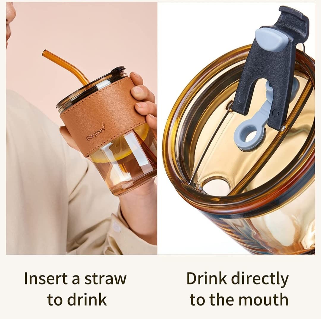 Glass Sipper Tumbler Lid And Straw Coffee Tumbler Tea Coffee Mugs With Leather Sleeve Cup And Mug For Kids Milk Juice Mug For Water Drinking Sipper (Brown),435 ML