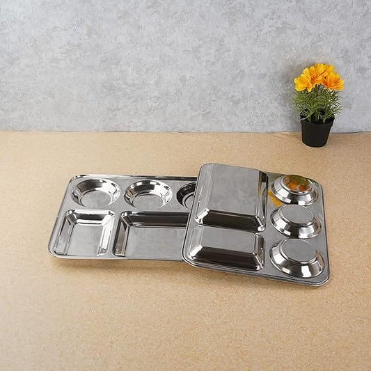 Stainless Steel Rectangular 5 in 1 Compartment Lunch/Dinner Plate Silver