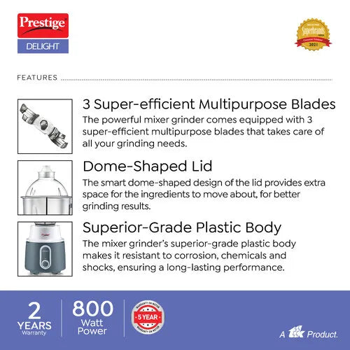 Prestige Delight 750 W Mixer Grinder, 3 Stainless Steel Jars (1500 ml, 1000 ml, 300 ml) (Charcoal Grey)