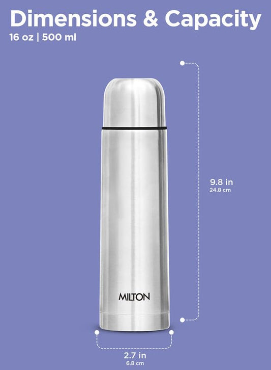 Milton Flip Lid 500 Thermosteel Water Bottle 500 ml, 24 Hr Hot and Cold I Leak Proof Lid with Jacket, ISI Certified I Vacuum Insulated I for Office, Gym, School I Silver