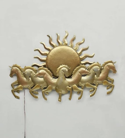 Iron Metal Wall Hanging SUN SEVEN HORSE Wall Arts for Home, Living Room, Bedroom, Hotel, Bar, Wall Decor for Cafe| VASTU | Color: Gold| Dimension 56 * 2 * 28 inch