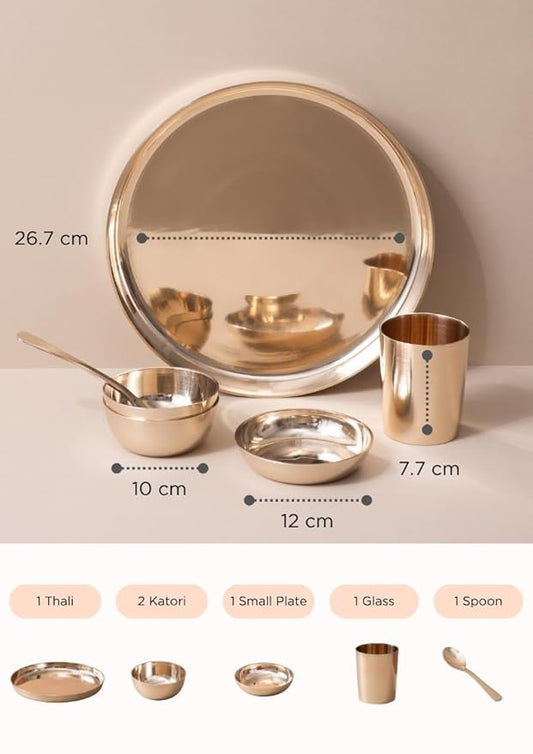 6-Piece Kansa Dinner Set | Gloss Finish | 1 Plate (10.5" Thali, 2 Bowls, 1 Glass, 1 Sweet Dish Plate, 1 Spoon | Authentic Indian Dining Collection | A Thoughtful Gift (Solid, Bronze)