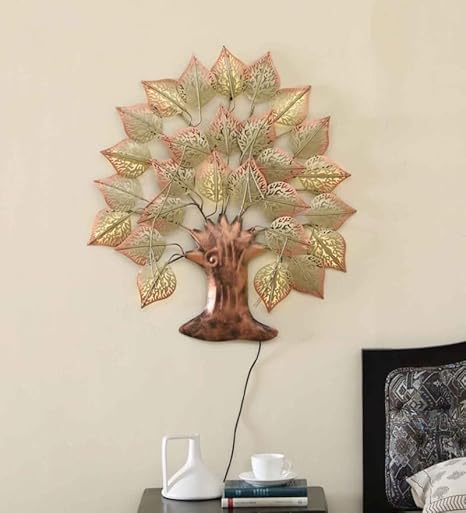 Golden Leaves Tree Handcrafted Iron Wall Hanging with Background LED's