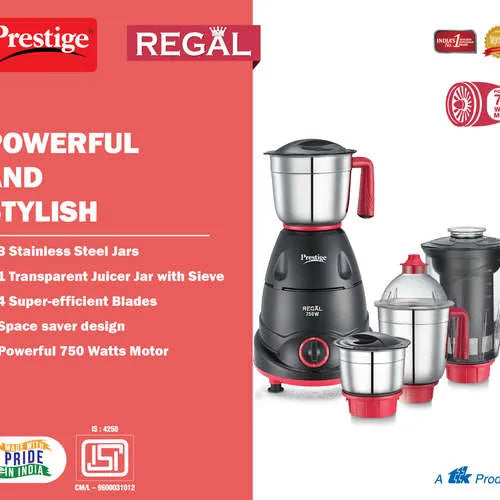 Prestige 750 Watts Regal Mixer Grinder with 4 Jars (3 Stainless Steel Jars + 1 Juicer Jar)