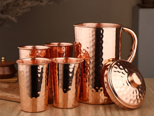 Hammered Copper Pitcher With 4 Tumblers Ayurveda Health Set
