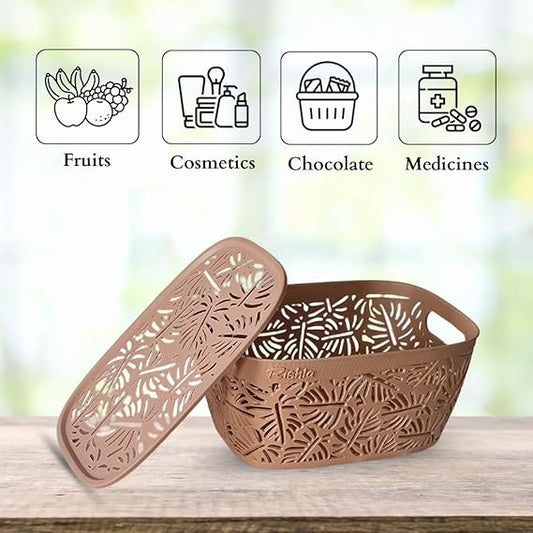 Monstera Design Plastic Storage Basket with Lid | Multipurpose Organizer Box for Kitchen, Bathroom, Toys & Office | Nestable, Durable & Elegant