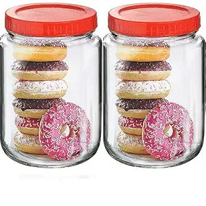 Yera Glass 1000ml Round Pickle Clear Jars & Containers||for Kitchen Pantry,Snacks, Masala, Honey, Pickles,Cookies,Dry Fruits,and Coffee Beans Storage||Plastic Red Lid (1kg)