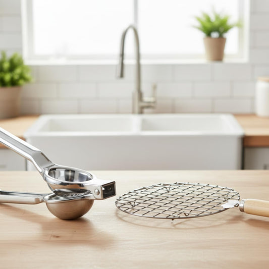 Premium Stainless Steel Hand Press Lemon Squeezer | Manual Citrus Juicer for Home & Restaurant (Squeezer & Roster)