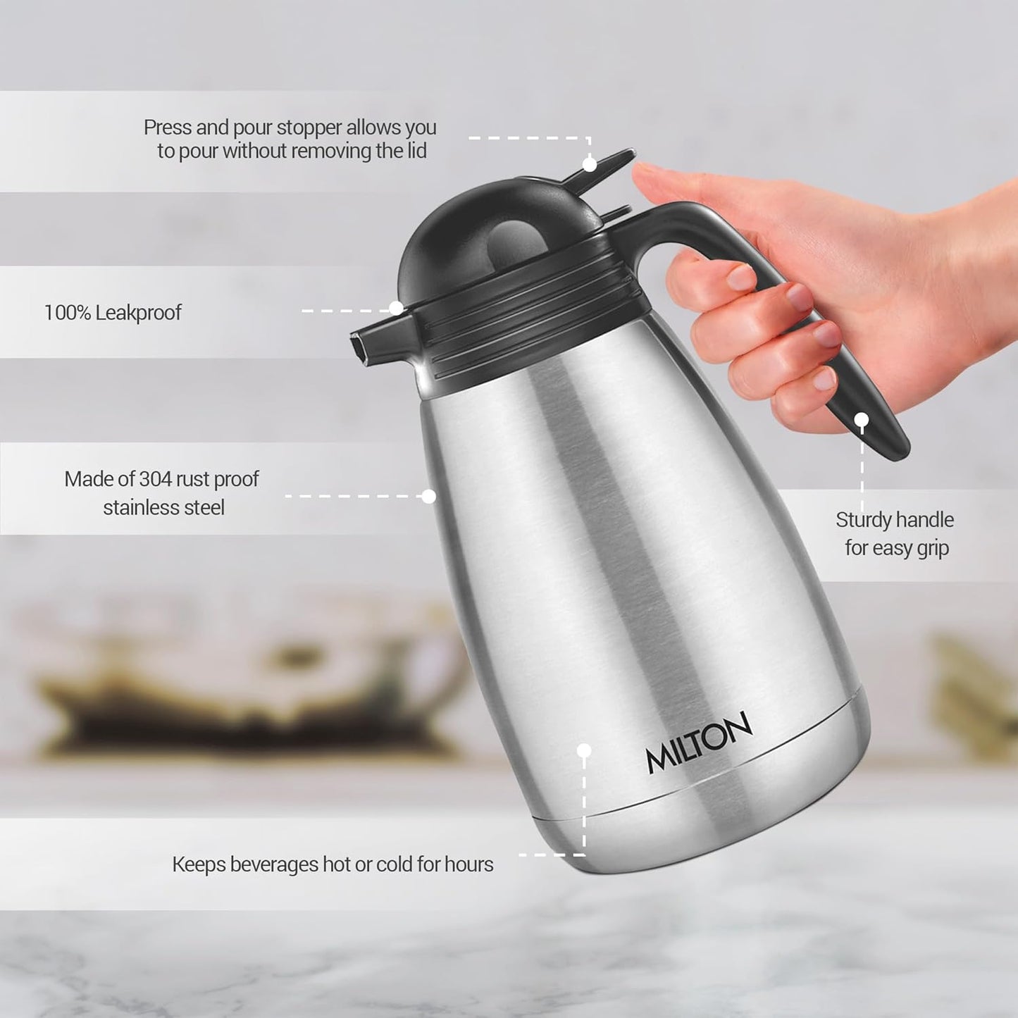 Milton Carafe 1500 Stainless Steel Double Walled Vacuum Insulated Flask with Lid and Handle, 1460 ml, Silver, Coffee/Tea Carafe Heat & Cold Retention, Leak Proof, Rust Free, Easy to Carry