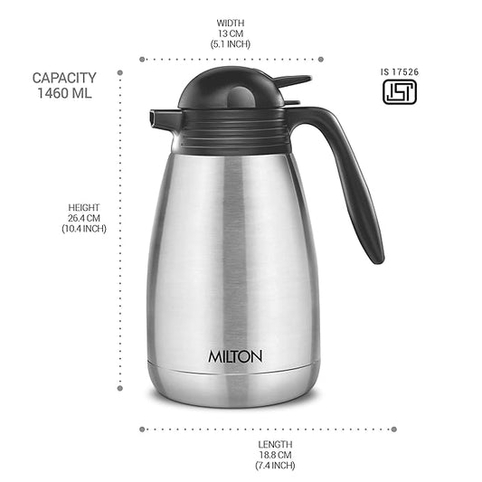 Milton Carafe 1500 Stainless Steel Double Walled Vacuum Insulated Flask with Lid and Handle, 1460 ml, Silver, Coffee/Tea Carafe Heat & Cold Retention, Leak Proof, Rust Free, Easy to Carry