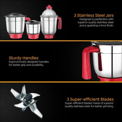 Prestige 750 Watts Regal Mixer Grinder with 3 Stainless Steel Jars| Appealing Design| Sturdy Handles| Red and Black