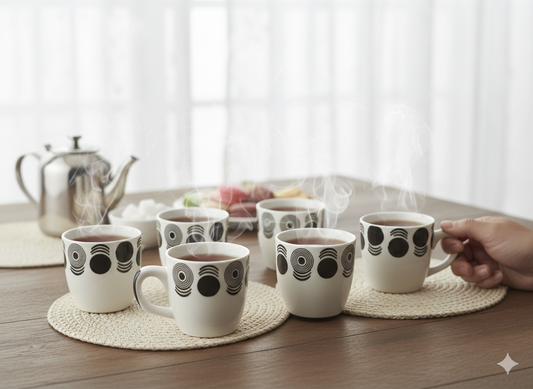 Modern Monochrome 6-Piece Ceramic Cup Set — Bold Geometric Black & White Pattern