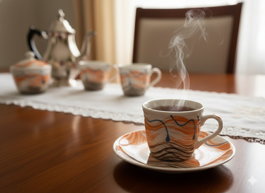 Modern Abstract Marble 6-Piece Tea Cup – Artistic Swirl Design with Blue Accents