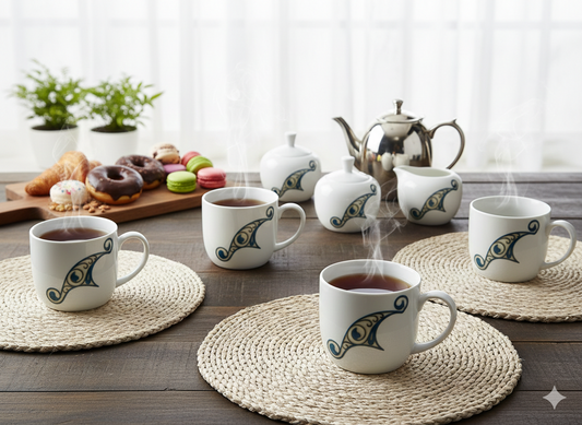 Royal Azure & Gold 6-Piece Ceramic Tea Set — Elegant Filigree Design