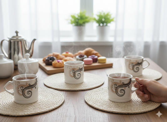 Urban Scroll 6-Piece Ceramic Mug Set — Minimalist Black & Tan Filigree