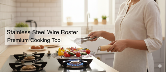 Multipurpose Stainless Steel Roster & Grill with Wooden Handle