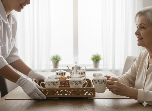 Royal Blue Floral 6-Piece Ceramic Tea Cup Set – Elegant Scalloped Design