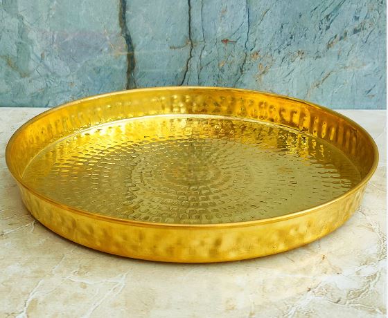 Brass Plate Thali, Dish Hammered Design, Heavyweight Thali