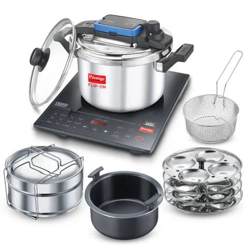 Prestige Cookcenter Induction Cooktop, Flip On Stainless Steel Pressure Cooker 5L 22cm Dia with Glass Lid, 4 Idly Plates, Frying Basket, Cake Mould 2.1, Cooker Separator 19cm Dia