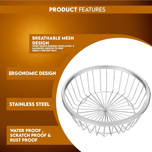 Stainless Steel Round Fruit Basket | Fruits Basket for Dining Table | Fruit & Vegetables Basket | (Diameter 31cm, Height - 14cm)