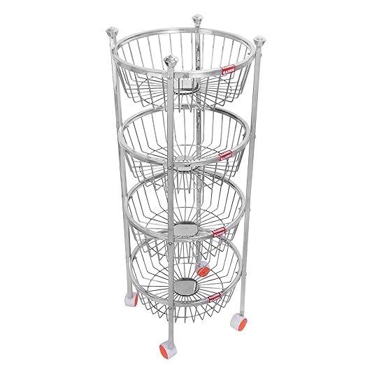 4 Layer Stainless Steel Fruit & Vegetable Kitchen Trolley 4 Layer Kitchen Basket | Fruit Basket | Vegetable Basket | Onion Potato Rack for Kitchen Trolley (12×12×36) Inch (wt-3.800kg)