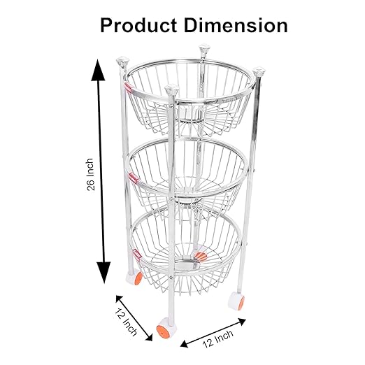 Stainless Steel Fruits and Vegetables Round Trolley (Silver)Wt-2.8kg-3.10kg