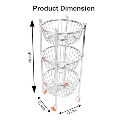 Stainless Steel Fruits and Vegetables Round Trolley (Silver)Wt-2.8kg-3.10kg