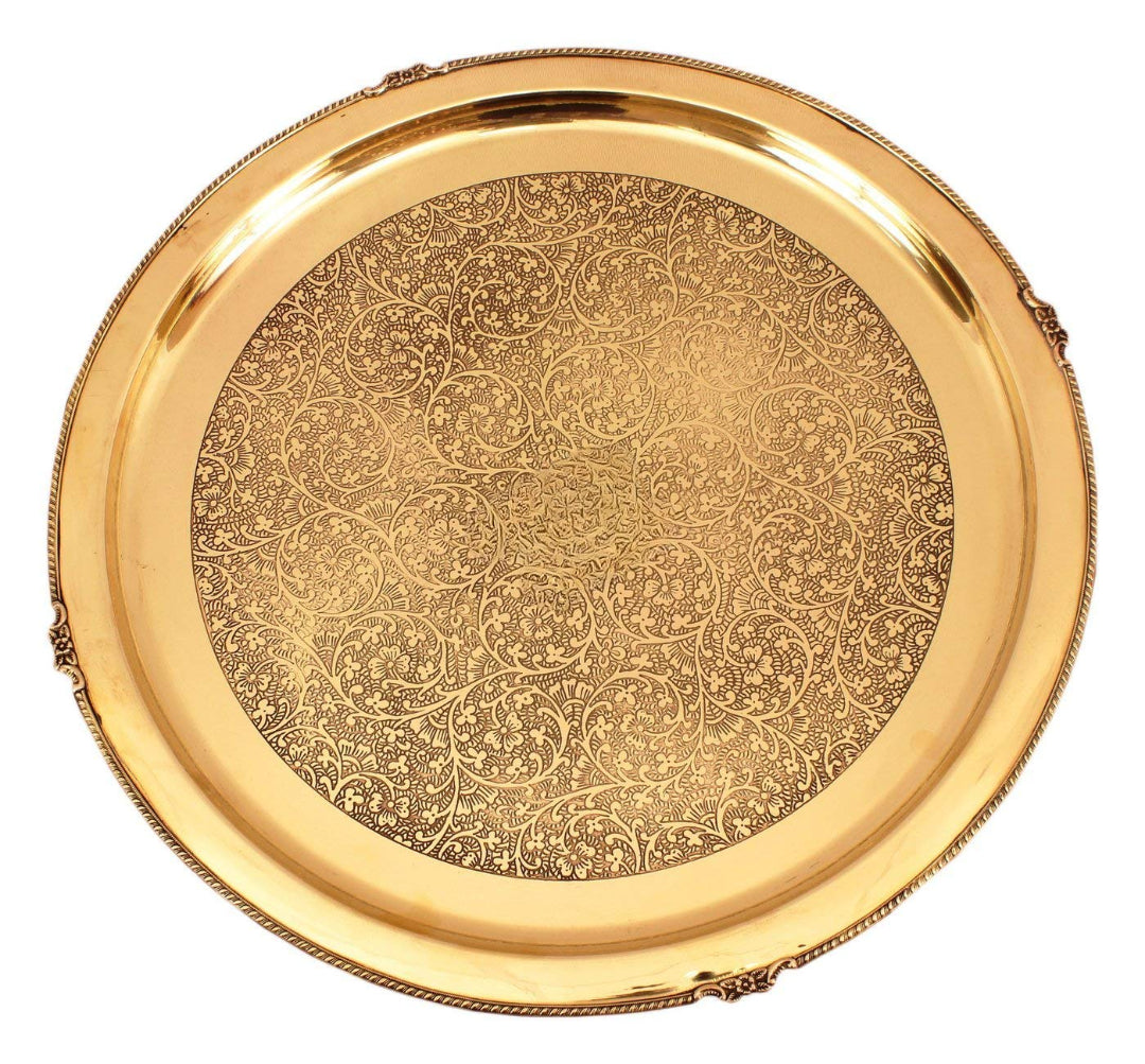 12" Shining Beautiful Flower Design Brass Plate Thali - Dinnerware Decorative Gift Item Tableware