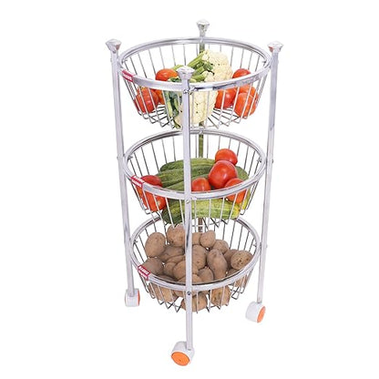 Stainless Steel Fruits and Vegetables Round Trolley (Silver)Wt-2.8kg-3.10kg