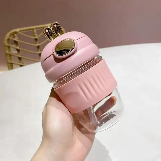 Glass Tumbler with Rabbit Lid and Straw Pack of 1, 400ml Multipurpose Drinking Glasses Travel Coffee Sipper Silicone Sleeve Mug for Iced Tea, Smoothies, Cocktail Multicolor (Cute)