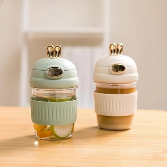 Glass Tumbler with Rabbit Lid and Straw Pack of 1, 400ml Multipurpose Drinking Glasses Travel Coffee Sipper Silicone Sleeve Mug for Iced Tea, Smoothies, Cocktail Multicolor (Cute)