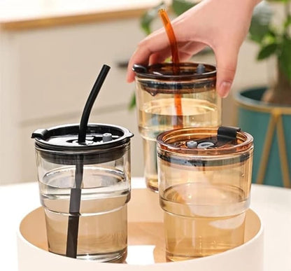 Glass Sipper Tumbler Lid And Straw Coffee Tumbler Tea Coffee Mugs With Leather Sleeve Cup And Mug For Kids Milk Juice Mug For Water Drinking Sipper (Brown),435 ML