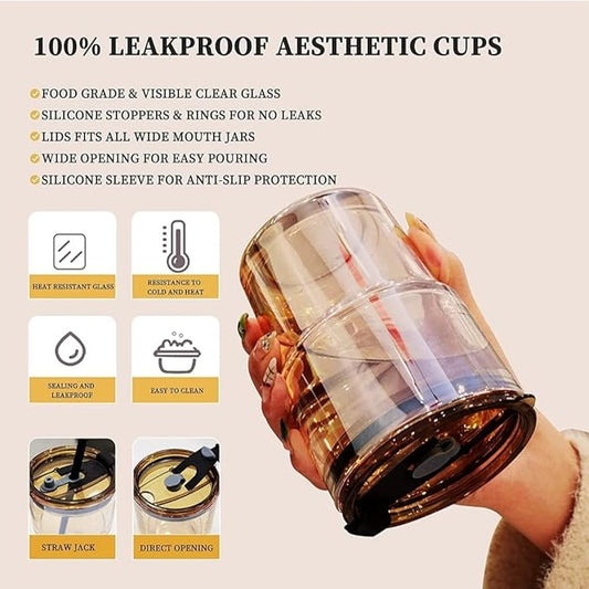 Glass Sipper Tumbler Lid And Straw Coffee Tumbler Tea Coffee Mugs With Leather Sleeve Cup And Mug For Kids Milk Juice Mug For Water Drinking Sipper (Brown),435 ML