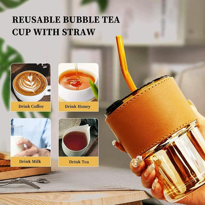 Glass Sipper Tumbler Lid And Straw Coffee Tumbler Tea Coffee Mugs With Leather Sleeve Cup And Mug For Kids Milk Juice Mug For Water Drinking Sipper (Brown),435 ML