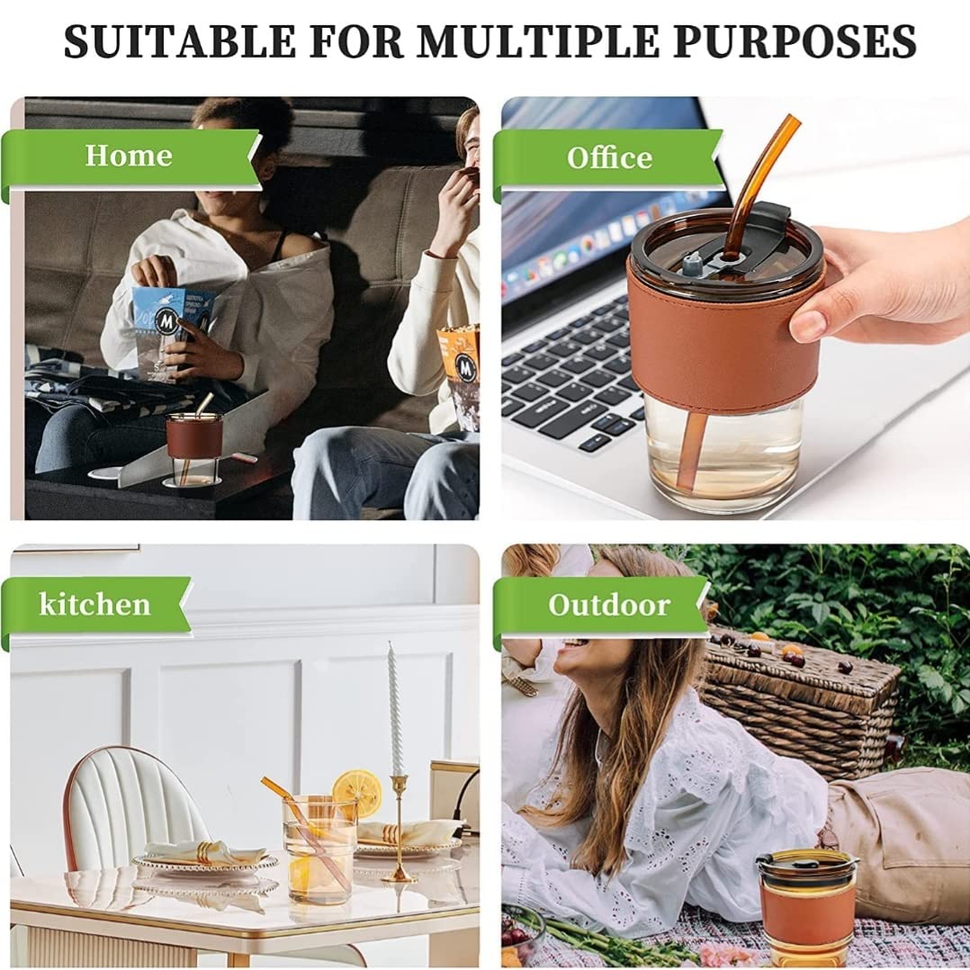 Glass Sipper Tumbler Lid And Straw Coffee Tumbler Tea Coffee Mugs With Leather Sleeve Cup And Mug For Kids Milk Juice Mug For Water Drinking Sipper (Brown),435 ML