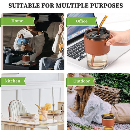 Glass Sipper Tumbler Lid And Straw Coffee Tumbler Tea Coffee Mugs With Leather Sleeve Cup And Mug For Kids Milk Juice Mug For Water Drinking Sipper (Brown),435 ML