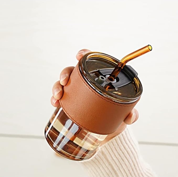 Glass Sipper Tumbler Lid And Straw Coffee Tumbler Tea Coffee Mugs With Leather Sleeve Cup And Mug For Kids Milk Juice Mug For Water Drinking Sipper (Brown),435 ML