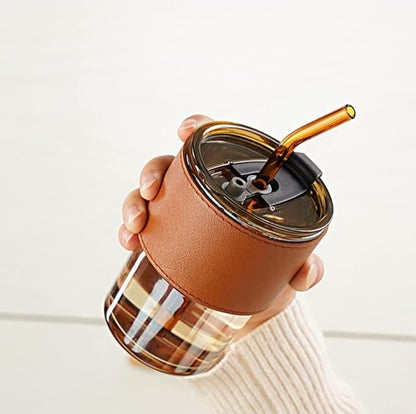 Glass Sipper Tumbler Lid And Straw Coffee Tumbler Tea Coffee Mugs With Leather Sleeve Cup And Mug For Kids Milk Juice Mug For Water Drinking Sipper (Brown),435 ML