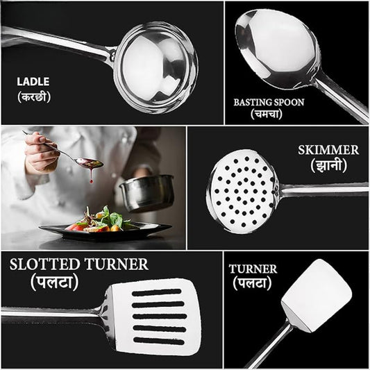 5 Pieces Stainless Steel Kitchen Tools Set for Kitchen Cooking and Serving, Pack of 5, Ladle(Karchhi), Skimmer(Jhara), Turner/Spatula (Palta), Basting and Rice Spoon, Silver
