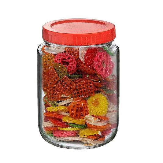 Yera Glass 1000ml Round Pickle Clear Jars & Containers||for Kitchen Pantry,Snacks, Masala, Honey, Pickles,Cookies,Dry Fruits,and Coffee Beans Storage||Plastic Red Lid (1kg)