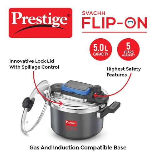 Prestige Svachh Flip-on Hard Anodised Gas and Induction Compatible Pressure Cooker with Glass Lid, 5 Litre (Black)