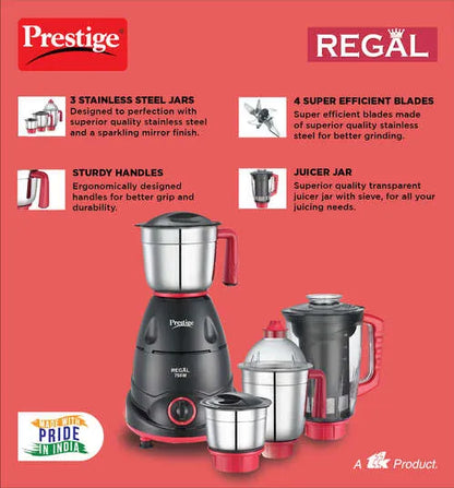 Prestige 750 Watts Regal Mixer Grinder with 4 Jars (3 Stainless Steel Jars + 1 Juicer Jar)