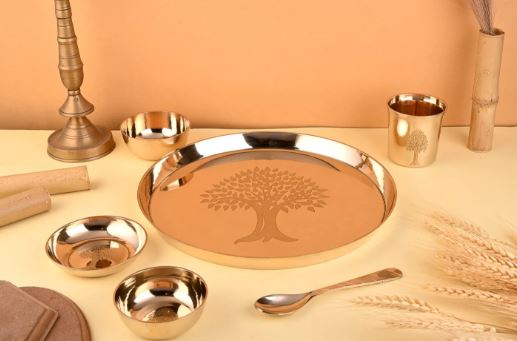 Kansa Dinner Set | 6 Pcs Tree Design Glossy Finished – 1 Platter Dai 12 Inch, 2 Bowl (Katori), 1 Sweet Dish, 1 Glass(Tumbler), 1 Spoon