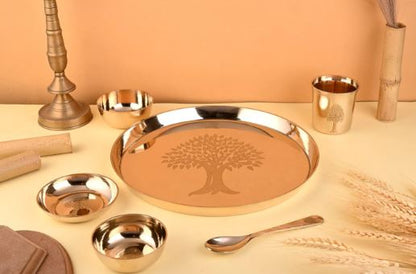 Kansa Dinner Set | 6 Pcs Tree Design Glossy Finished – 1 Platter Dai 12 Inch, 2 Bowl (Katori), 1 Sweet Dish, 1 Glass(Tumbler), 1 Spoon