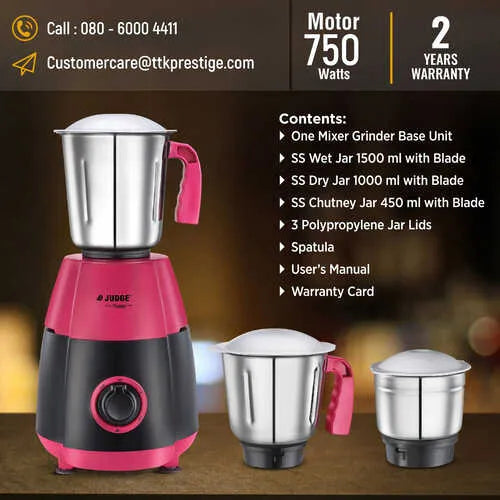 Judge By Prestige 750 Watts Aura Mixer Grinder with 3 Stainless Steel Jars