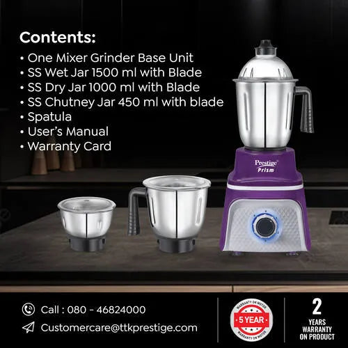Prestige 750 Watts Prism Mixer Grinder with 3 Stainless Steel Jars| LED Power Indicator|Flow Breaker Design|Sturdy Handles| Purple and White