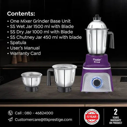 Prestige 750 Watts Prism Mixer Grinder with 4 Jars (3 Stainless Steel Jars + 1 Juicer Jar)| LED Power Indicator|Flow Breaker Design|Juicer Extractor Jar| Purple and White
